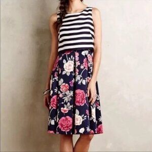 Anthropologie Moulinette Souers Split-Print Dress Navy Striped Floral Skirt